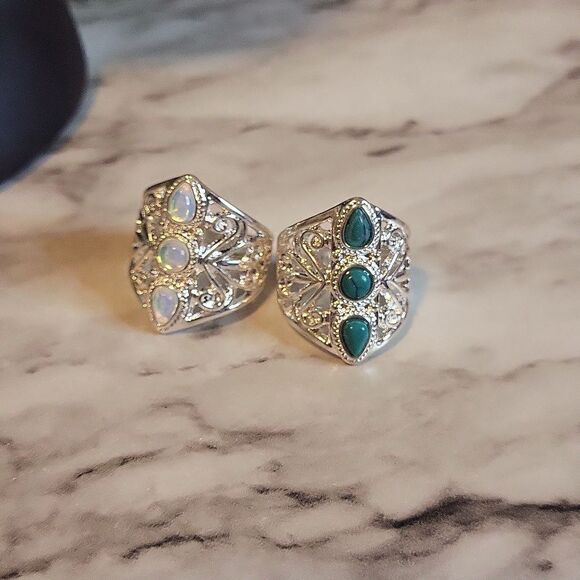 Vintage Style Silver Plate Ring With Stones Encrusted Turquoise - Picture 6 of 11